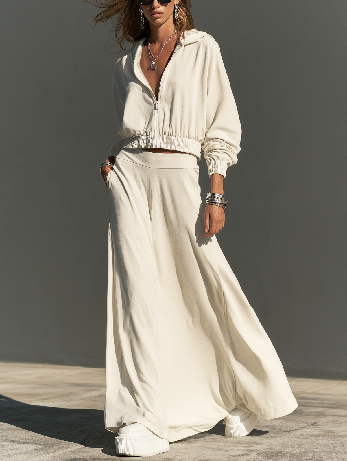 Women's Casual Two-Piece Set Featuring An Off-White Long-Sleeved Sweatshirt-Style Jacket And A Skirt