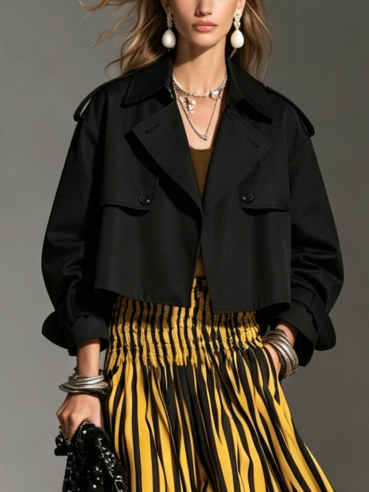 Women's Casual Black Cropped Woven Trench Coat