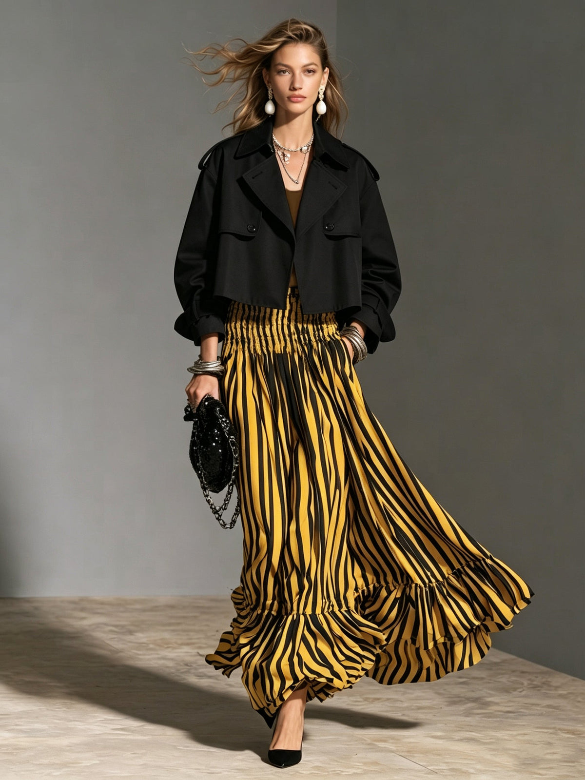 Women's Casual Woven Maxi Skirt With Yellow And Black Striped Print