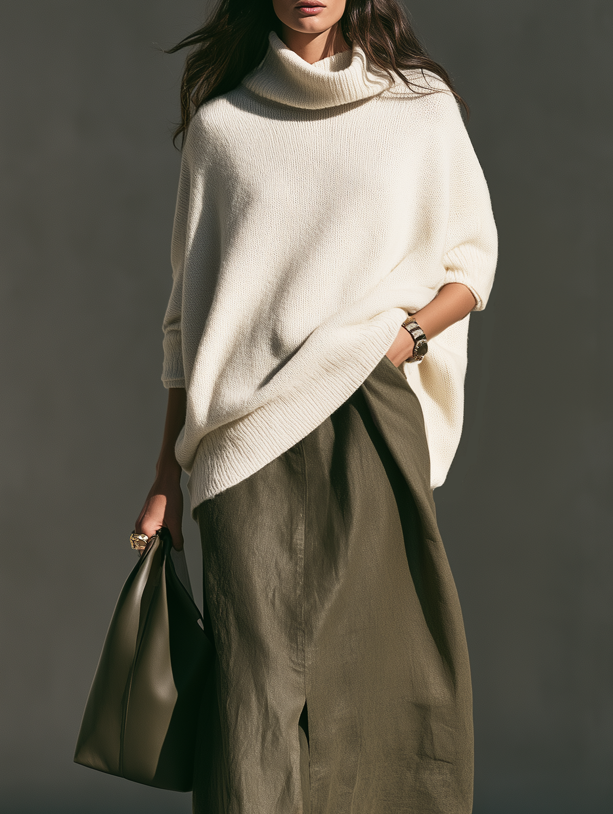 Women's Casual Beige Long-sleeve Turtleneck Knit Sweater