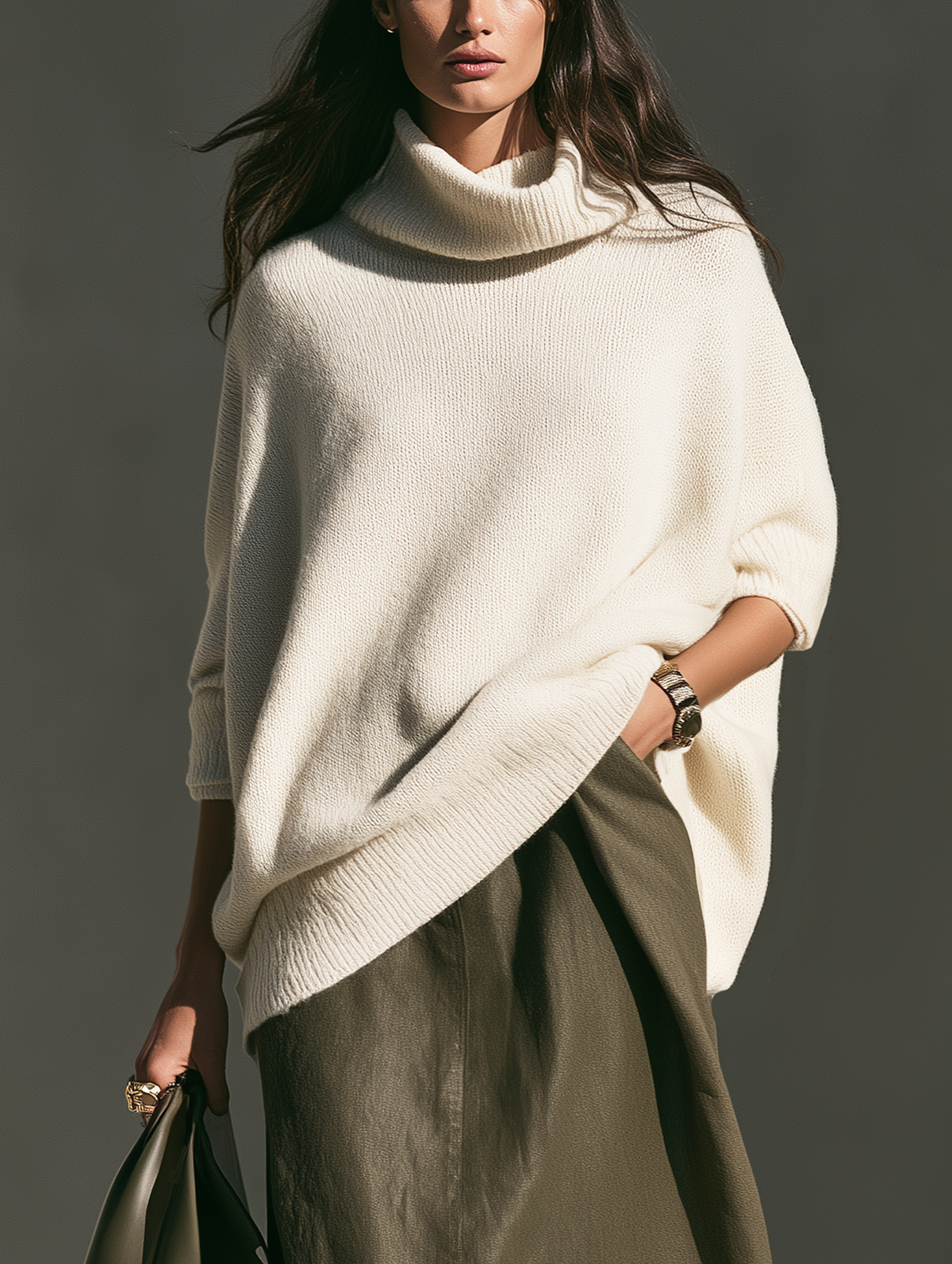 Women's Casual Beige Long-sleeve Turtleneck Knit Sweater