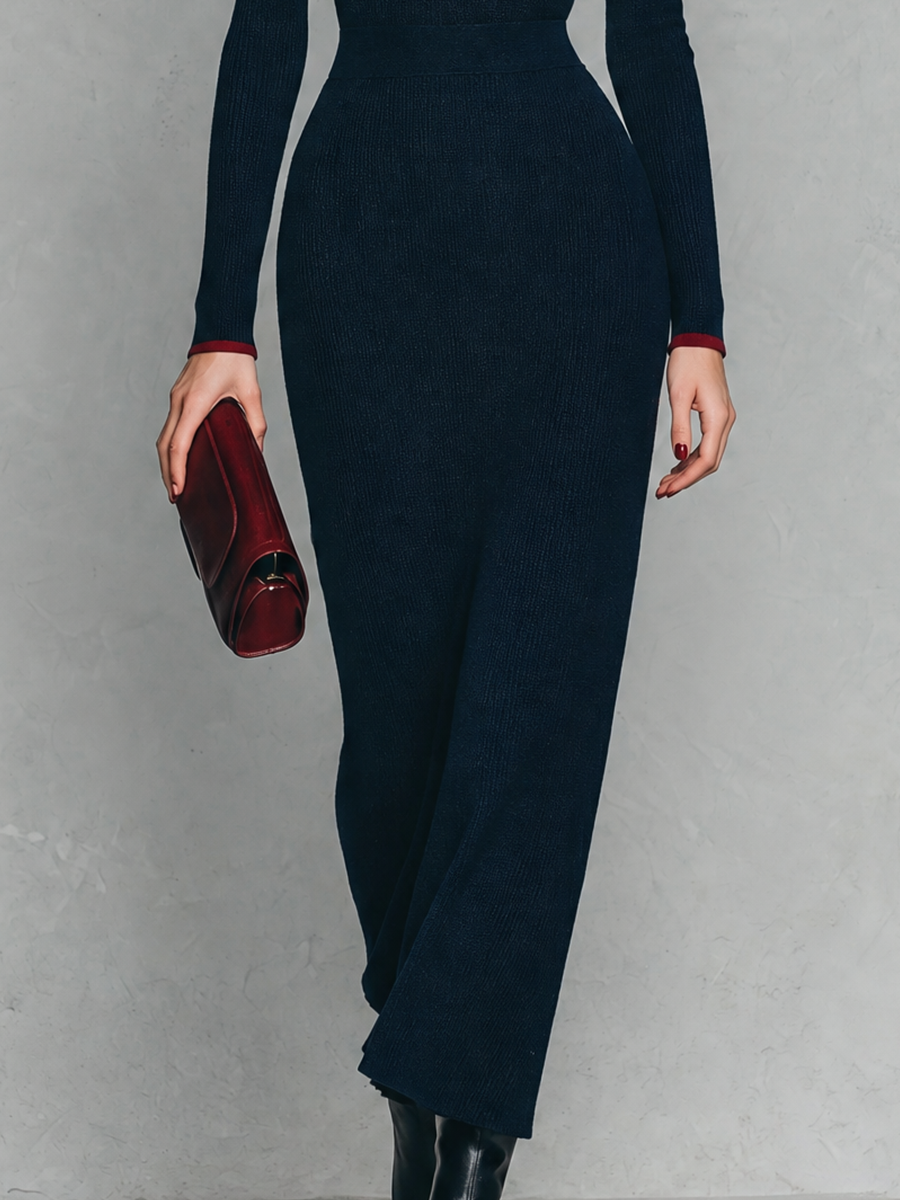 Women's Contrast Collar Ribbed Knit Navy Maxi Dress