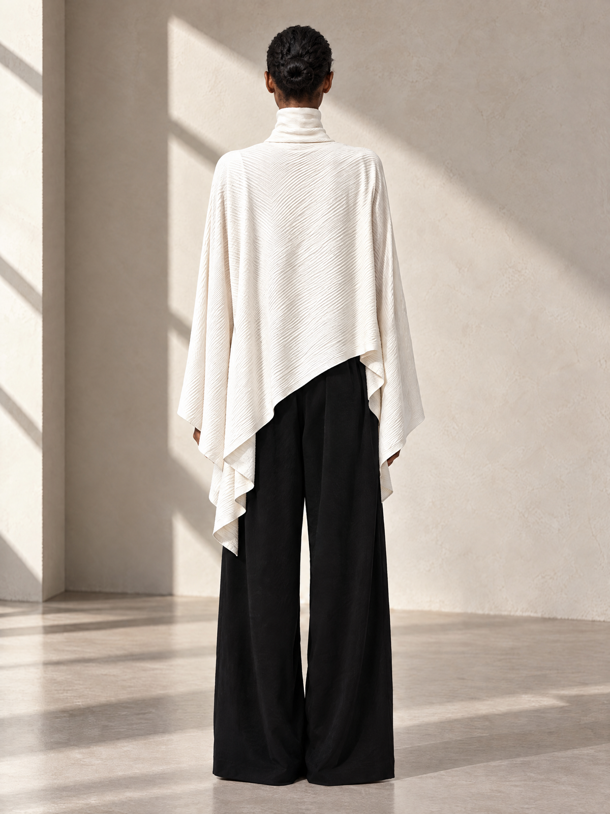 Women's Cream Asymmetric Shawl Turtleneck Top & Black Wide Leg Pant Set