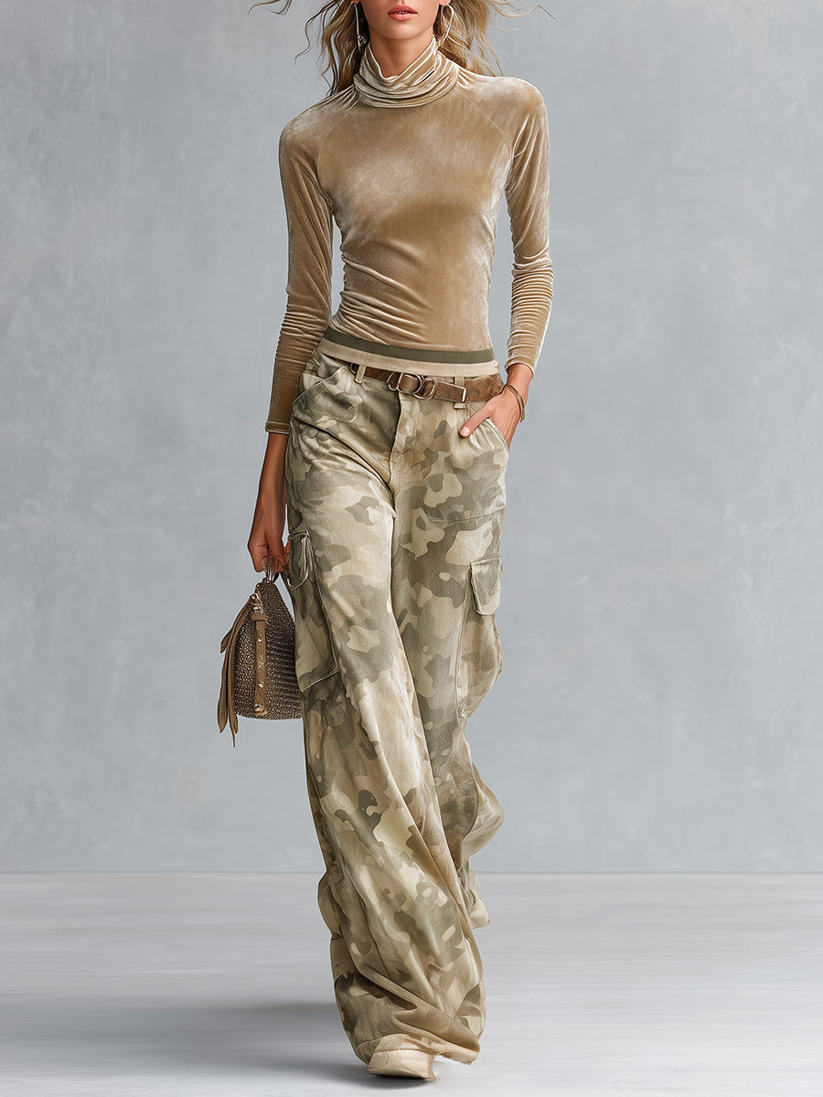 Retro Casual Khaki Top And Camouflage Cargo Pants Velour Set - By Qivii