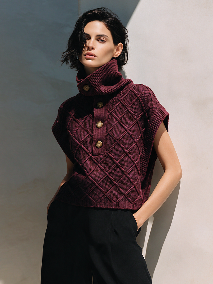 Women's High-Neck Argyle Cable-Knit Sleeveless Vest