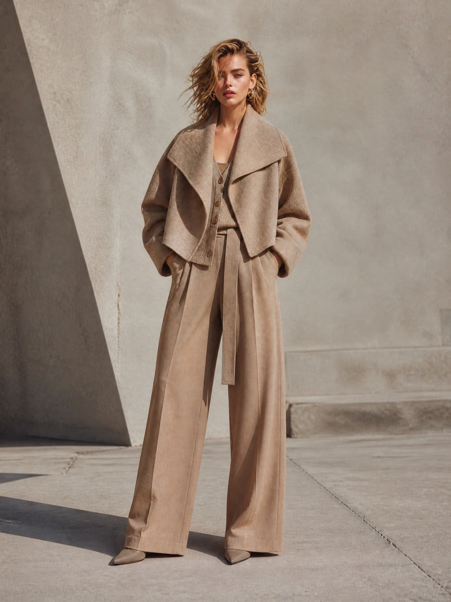 Women's Oversized Wool-Blend Cropped Coat With Wide Lapel