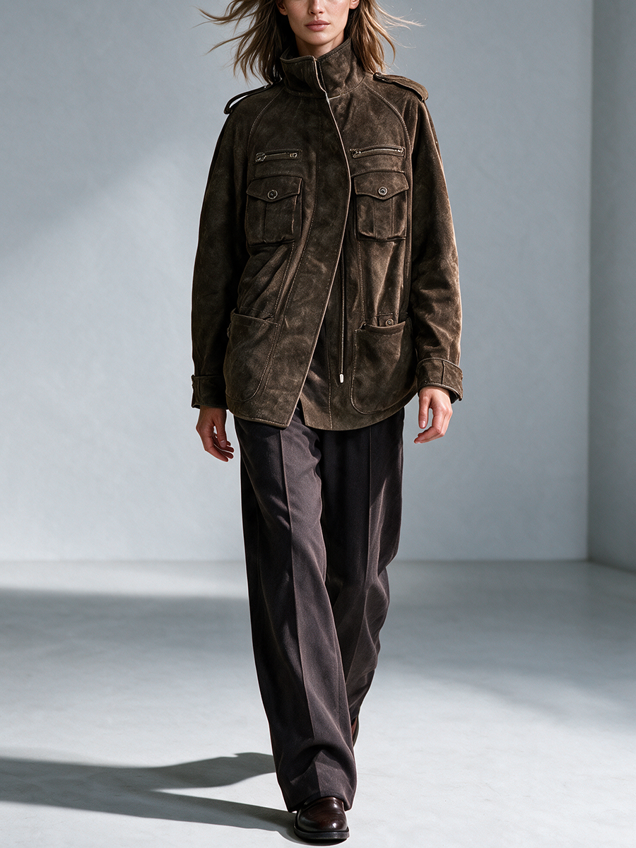 Women's Dark Brown Vintage Stand Collar Utility Suede Jacket