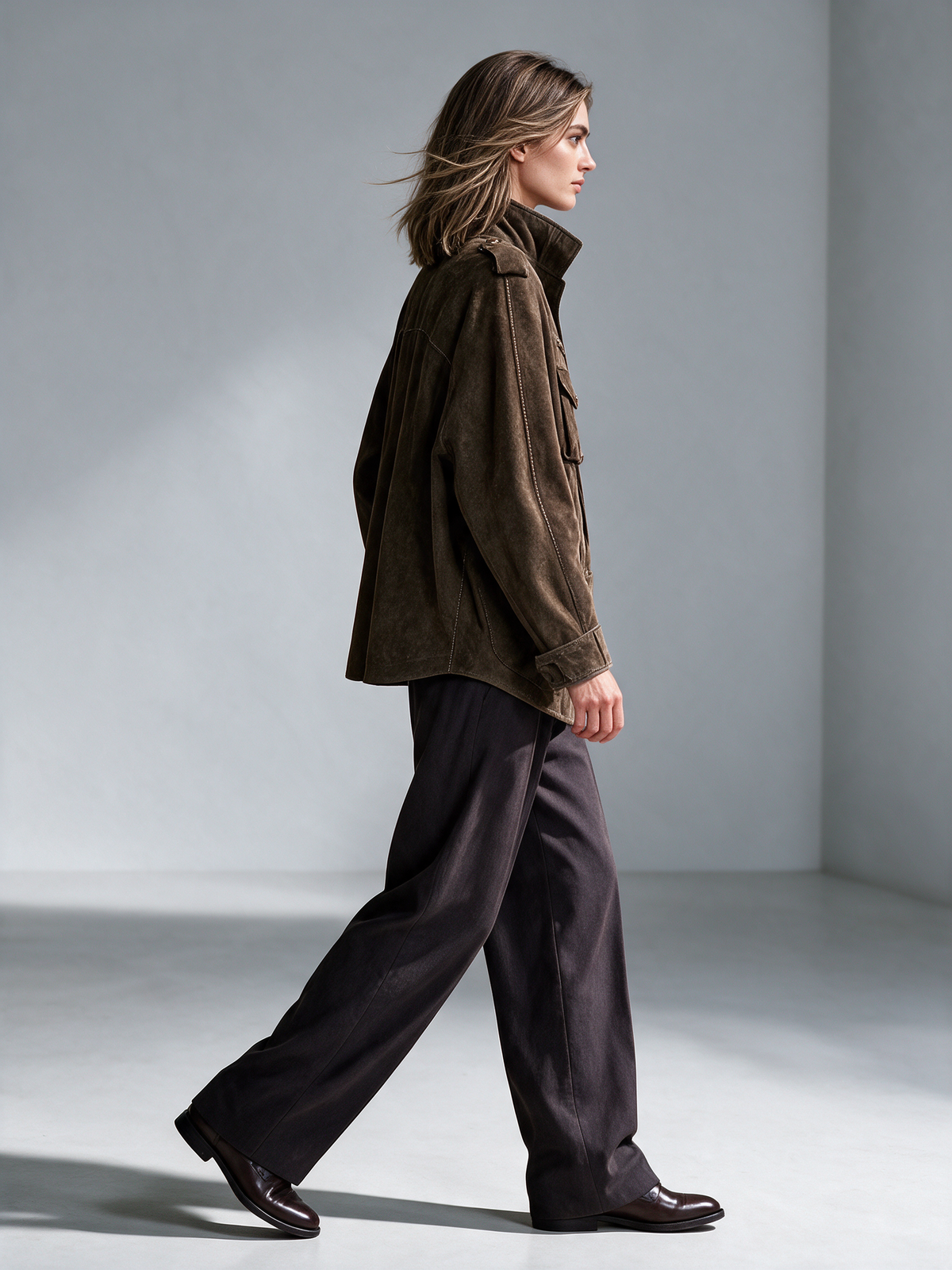 Women's Dark Brown Vintage Stand Collar Utility Suede Jacket