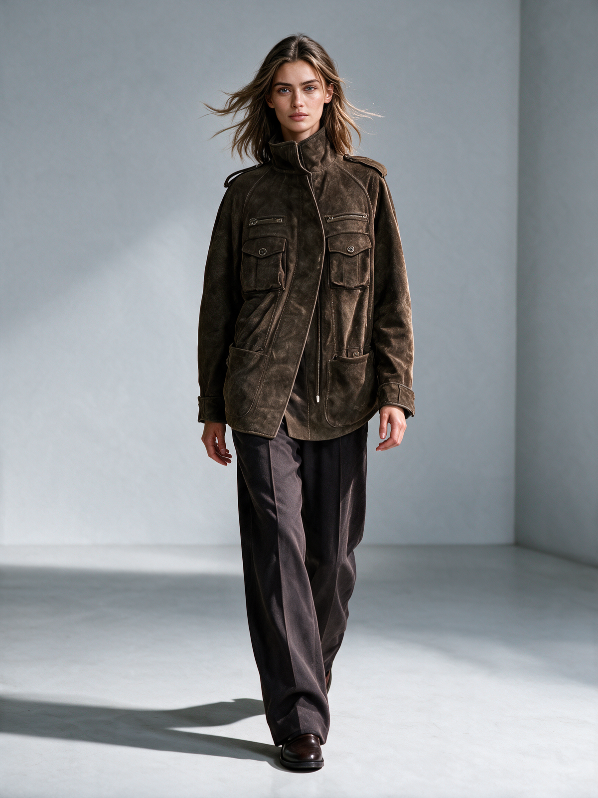 Women's Dark Brown Vintage Stand Collar Utility Suede Jacket