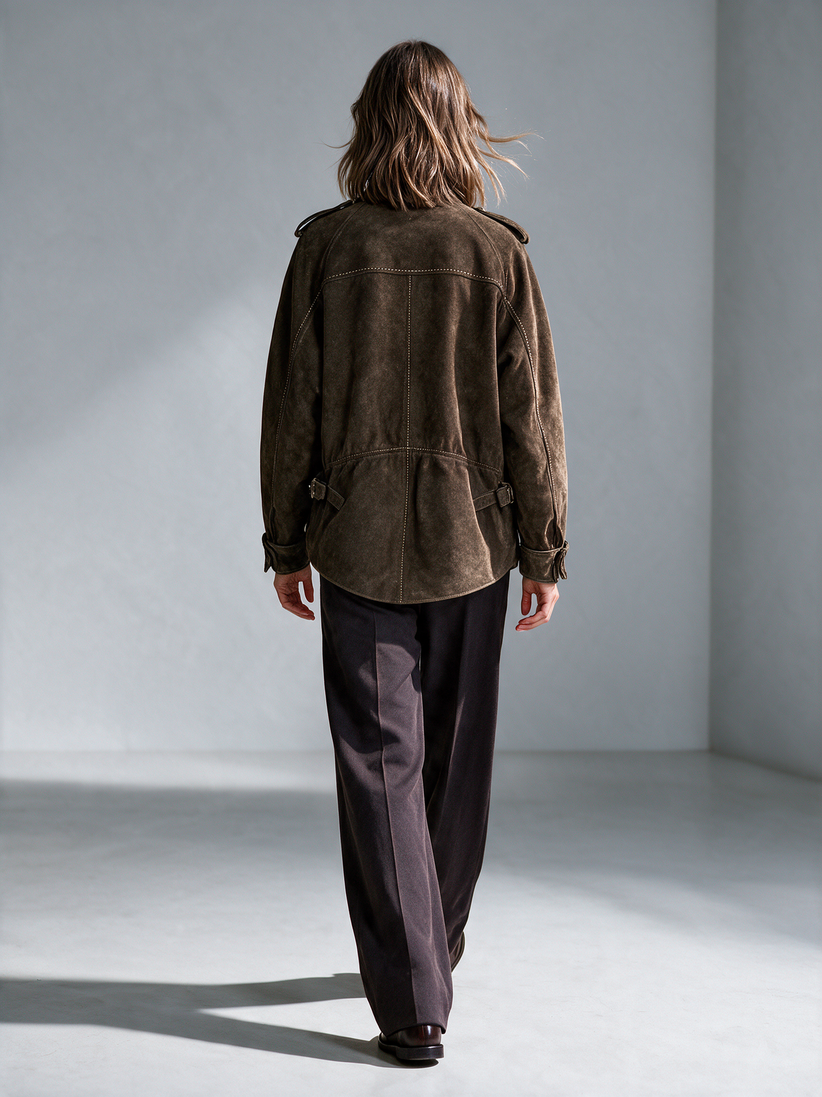 Women's Dark Brown Vintage Stand Collar Utility Suede Jacket