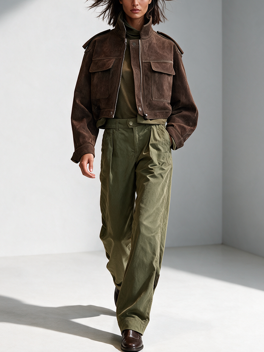 Women's Dark Brown Cropped Stand Collar Utility Suede Jacket