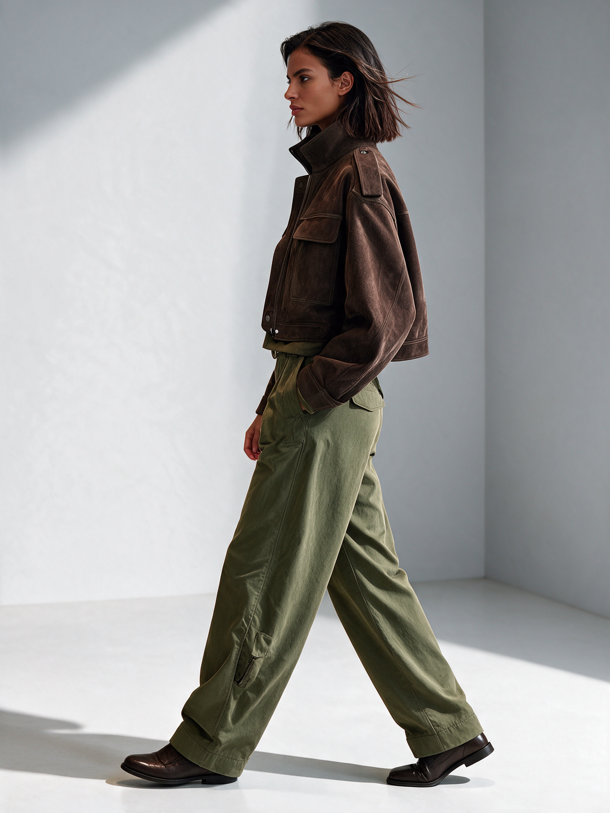 Women's Dark Brown Cropped Stand Collar Utility Suede Jacket