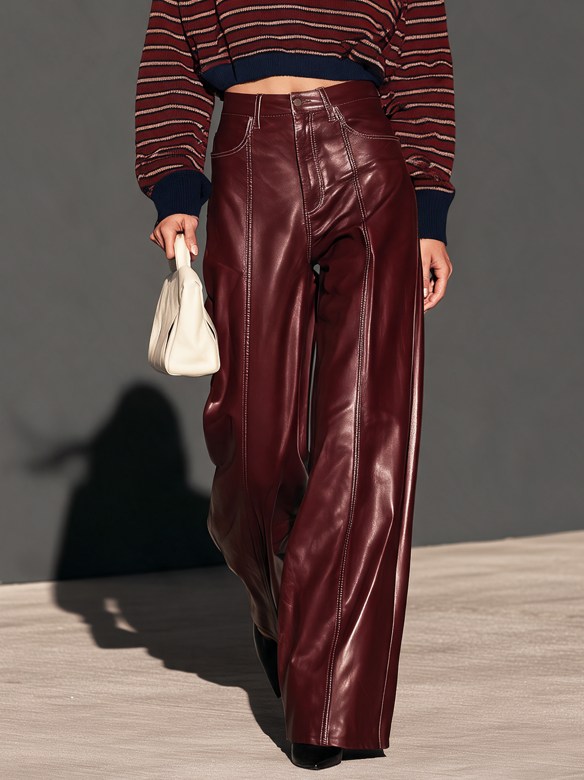 Women's Casual Burgundy Leather Trousers