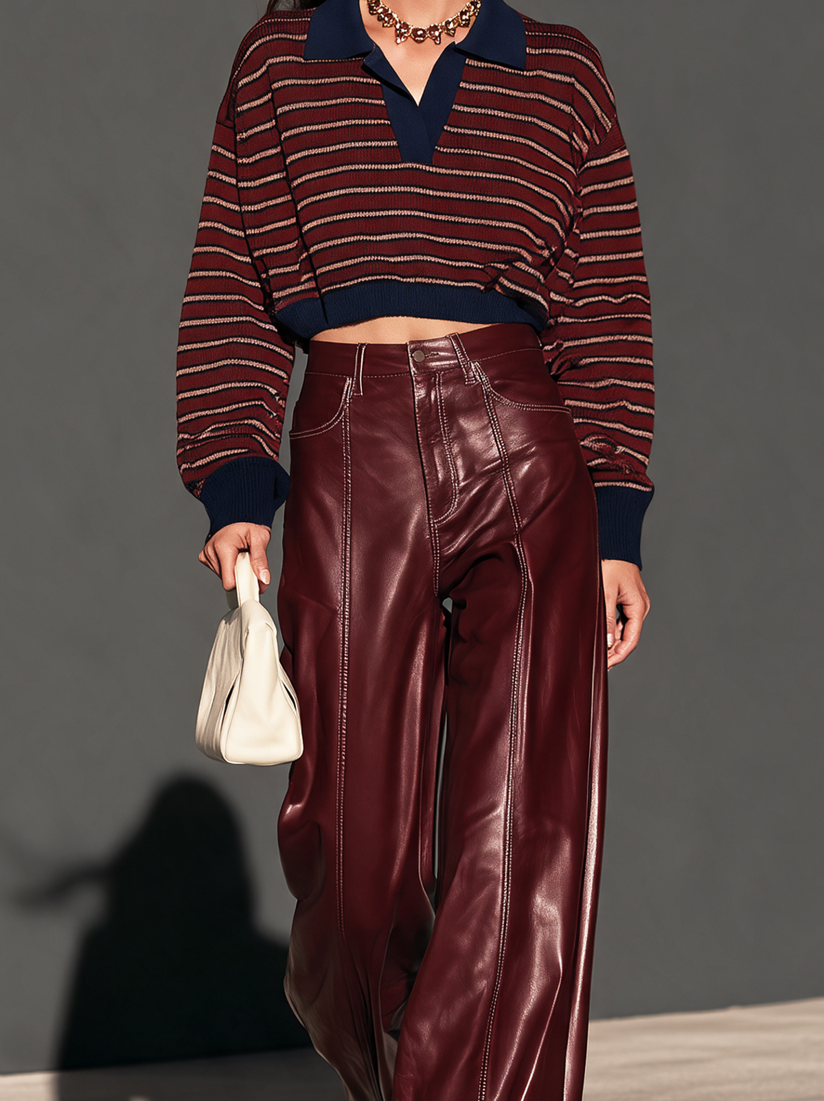 Women's Casual Burgundy Leather Trousers