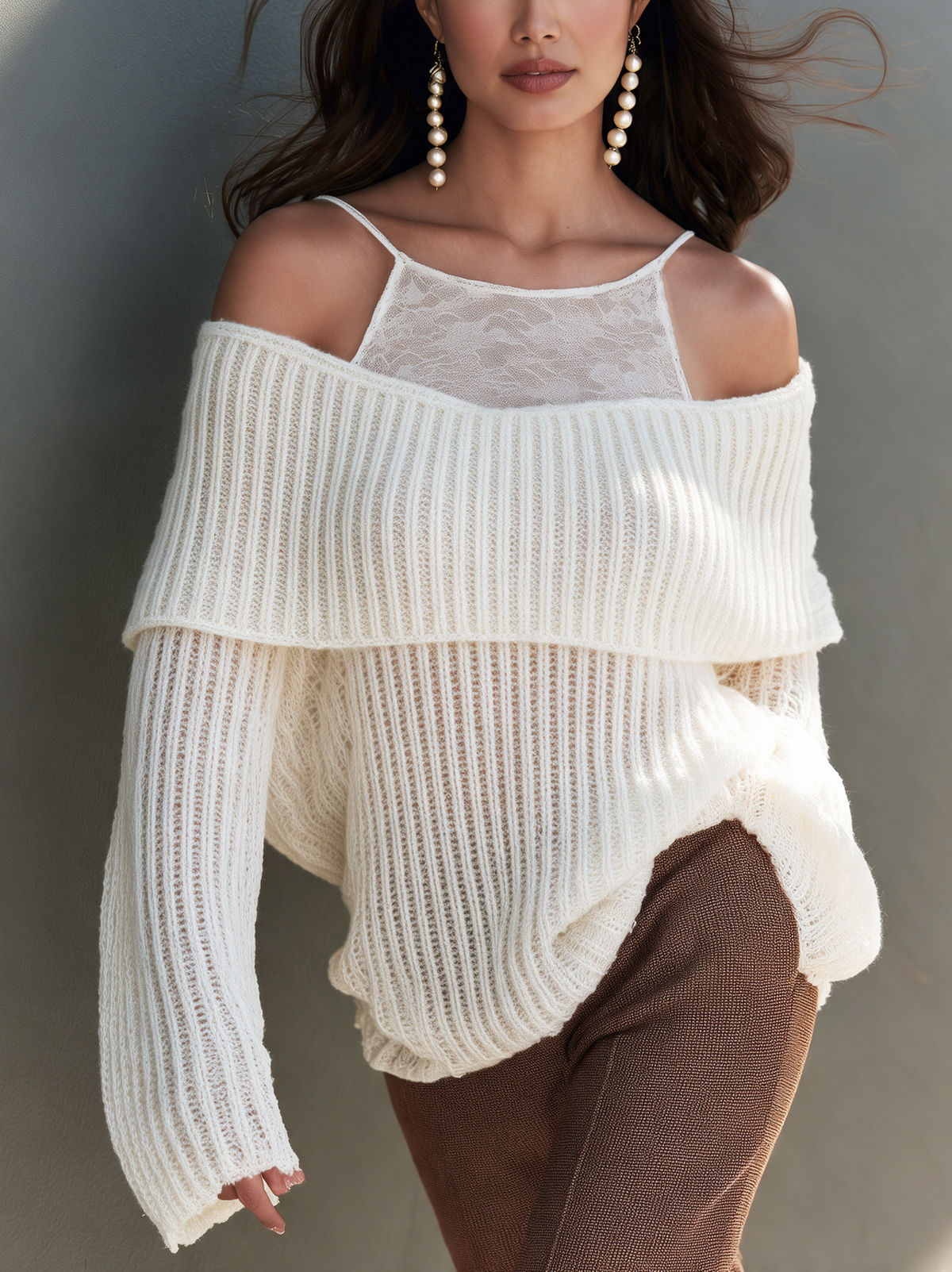 Women's Casual White Knit Off-The-Shoulder Sweater With Lace Paneling