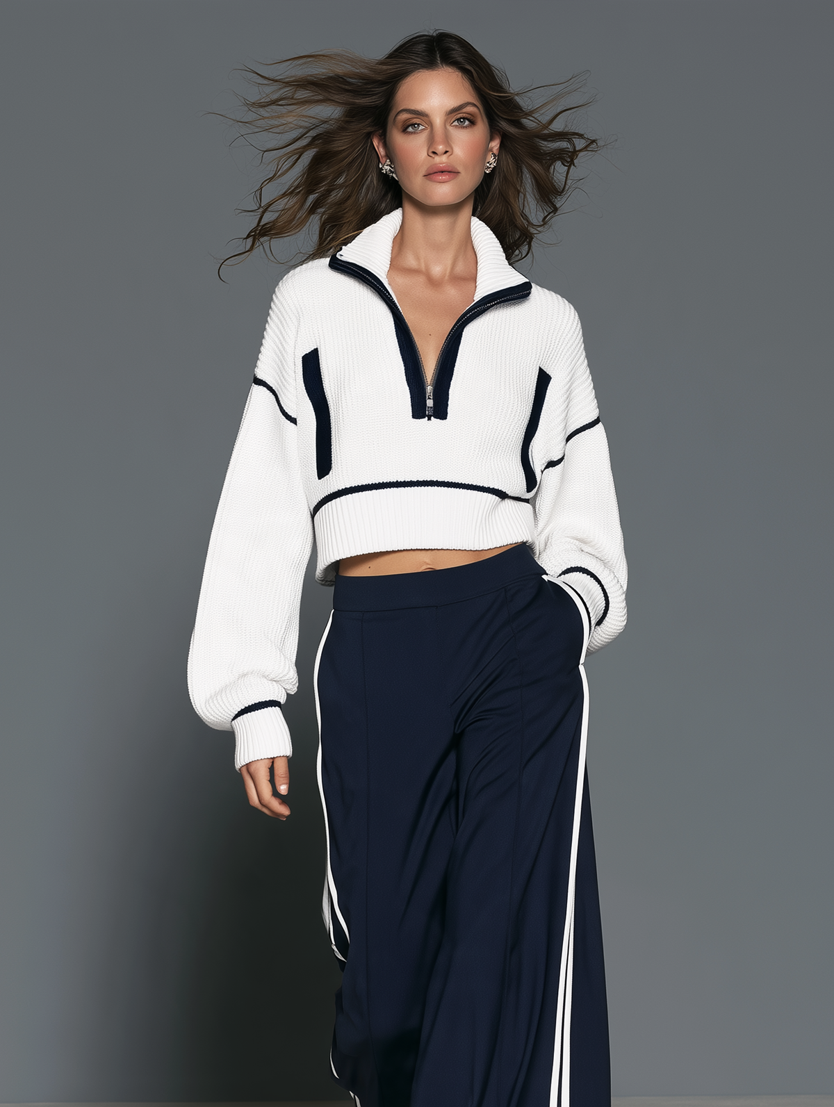 Women's Casual Two-Piece Set Featuring A White Long-Sleeved Knit Top And Dark Blue Sweatpants