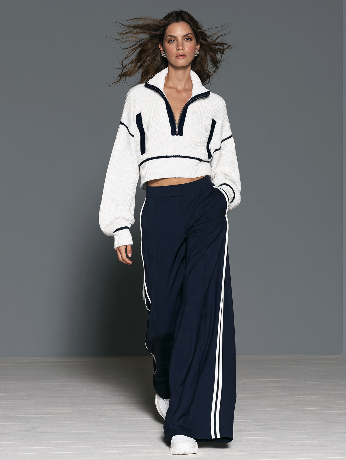 Women's Casual Two-Piece Set Featuring A White Long-Sleeved Knit Top And Dark Blue Sweatpants