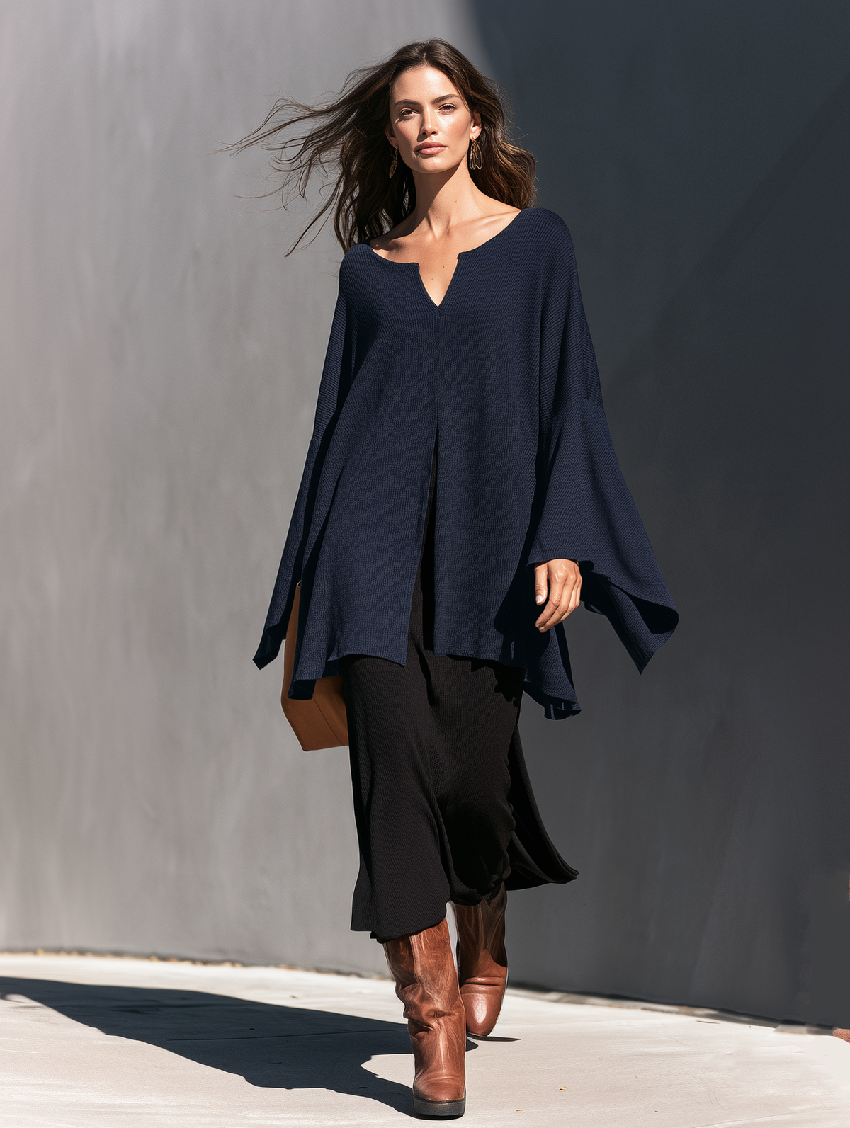 Women's Casual Navy Blue Long-sleeve Knit Top