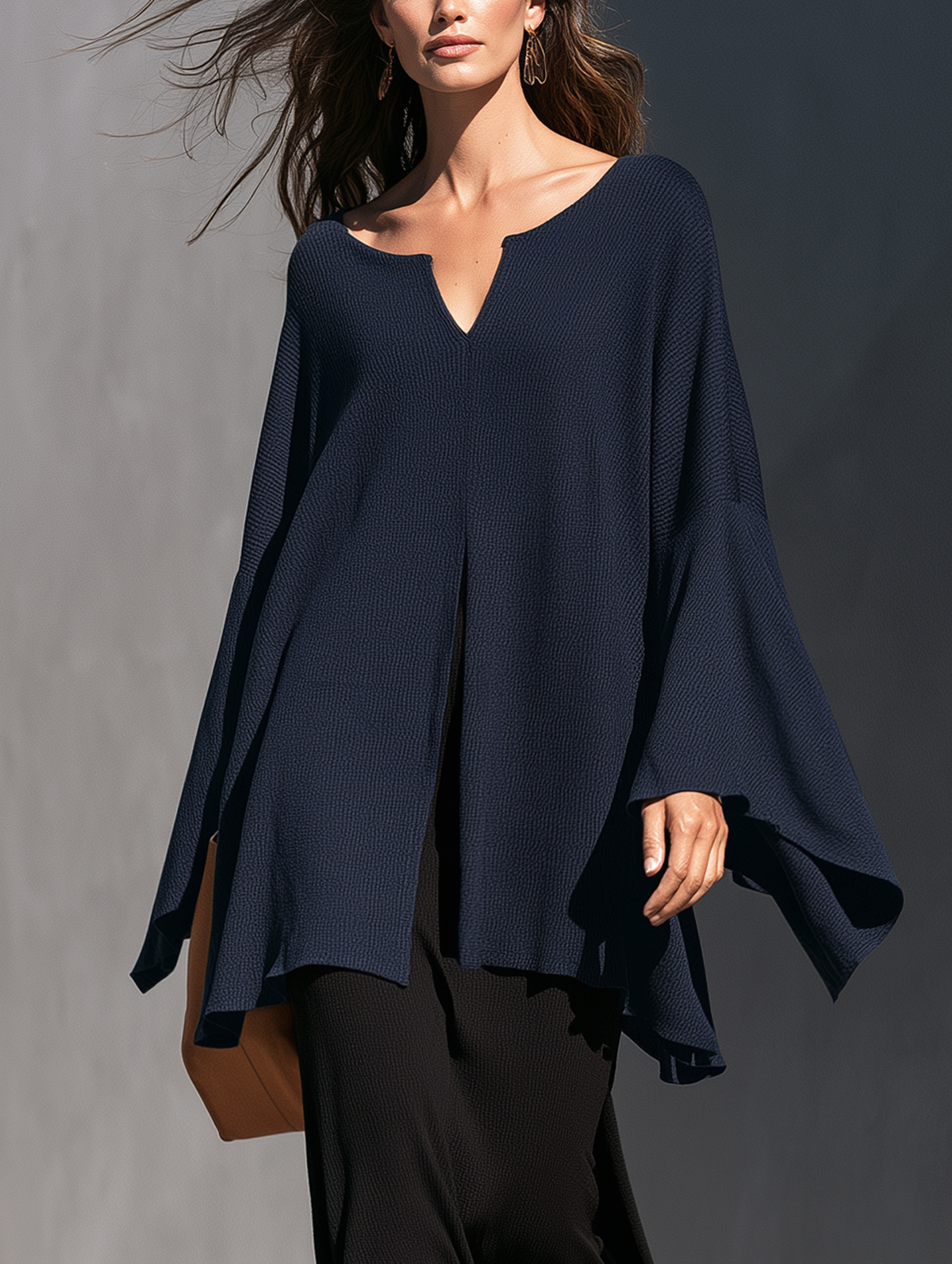 Women's Casual Navy Blue Long-sleeve Knit Top
