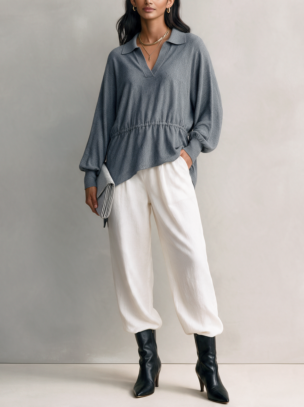 Women's Casual Grey Stretch-Knit Long-Sleeve Top