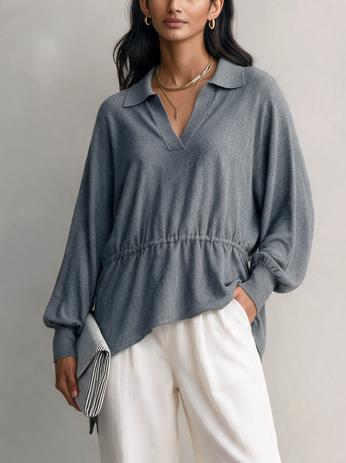 Women's Casual Grey Stretch-Knit Long-Sleeve Top
