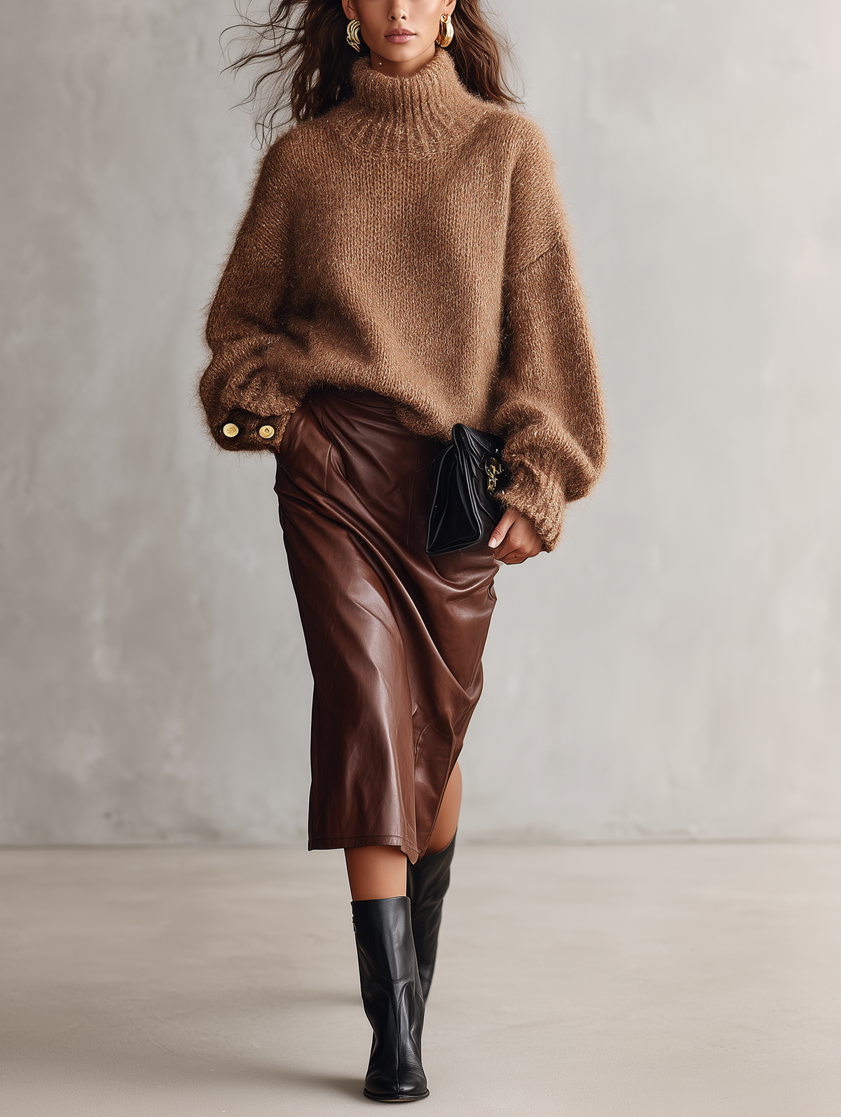 Women's Casual Camel Mohair-Blend Long-Sleeve Turtleneck Sweater