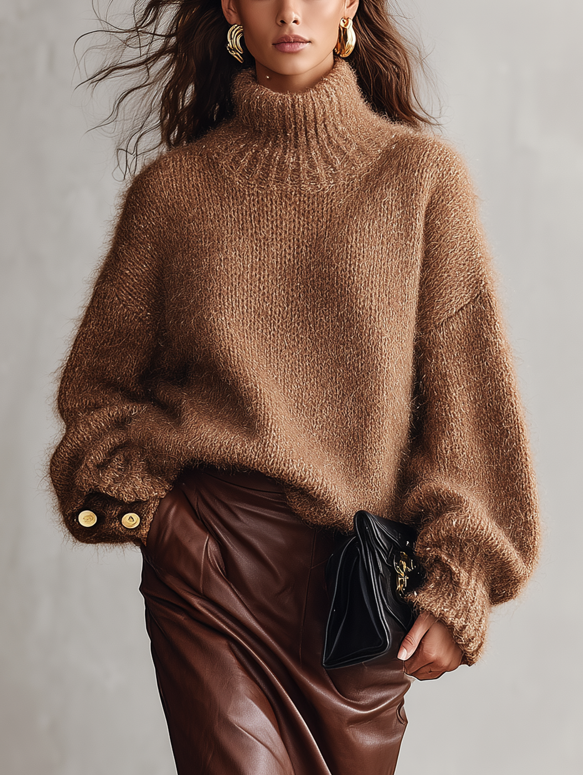 Women's Casual Camel Mohair-Blend Long-Sleeve Turtleneck Sweater
