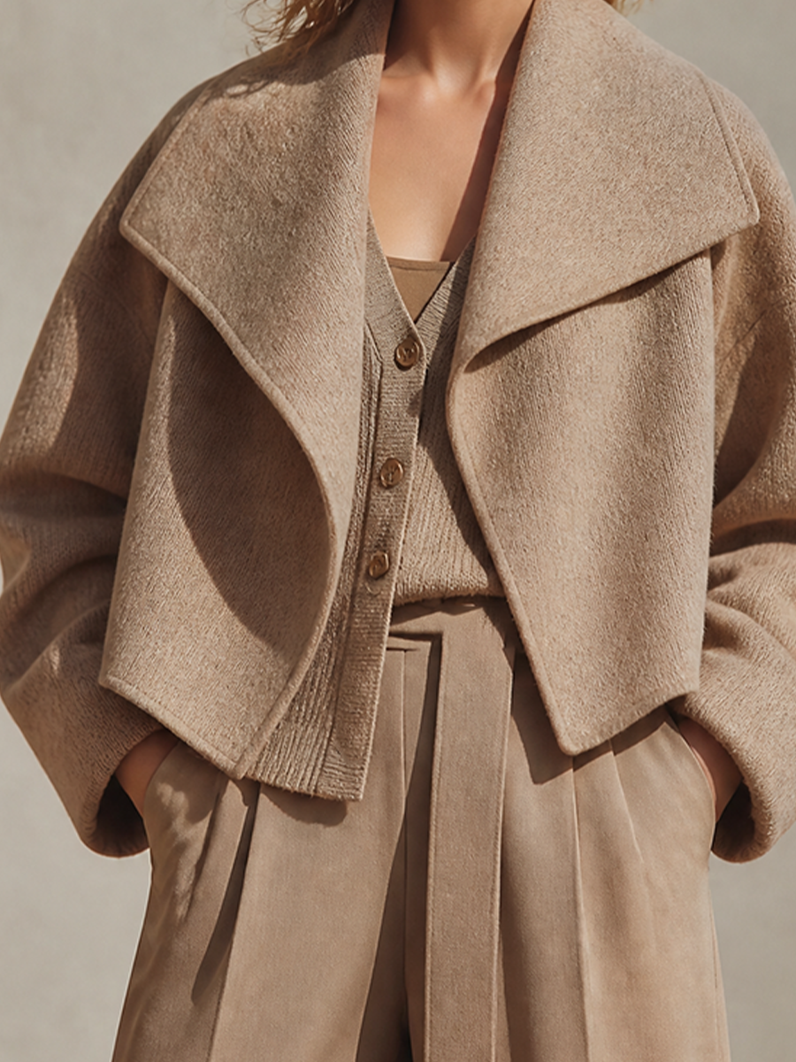 Women's Oversized Wool-Blend Cropped Coat With Wide Lapel