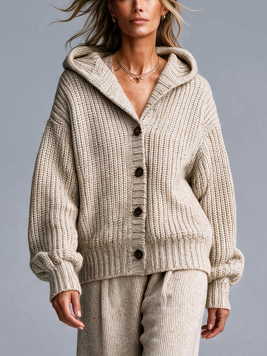 Women's Oatmeal Hooded Chunky Knit Cardigan