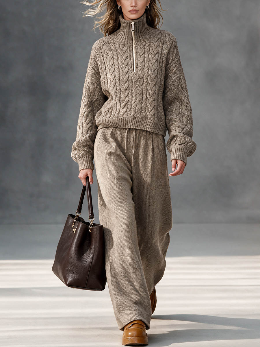 Women's Taupe Half-Zip Turtleneck Cable Knit Top