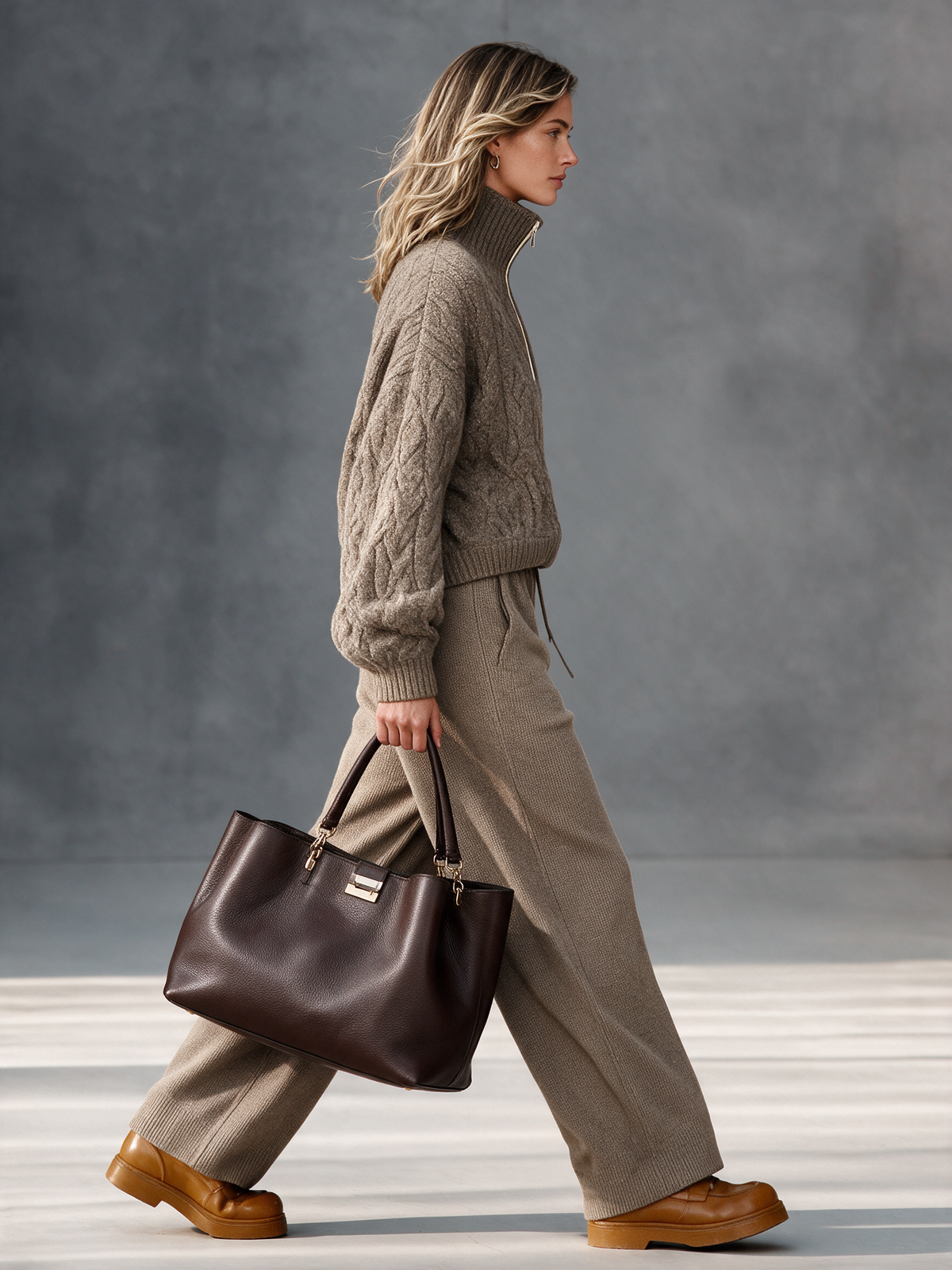 Women's Taupe Half-Zip Turtleneck Cable Knit Top