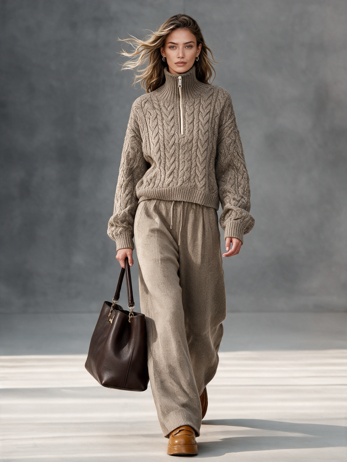 Women's Taupe Half-Zip Turtleneck Cable Knit Top