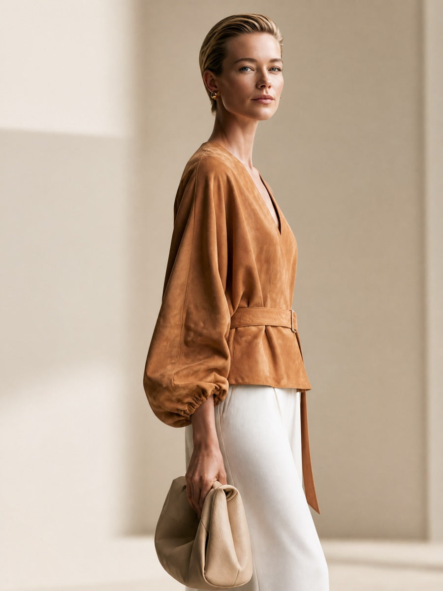 Women's Minimalist Belted Balloon Sleeves Short Jacket
