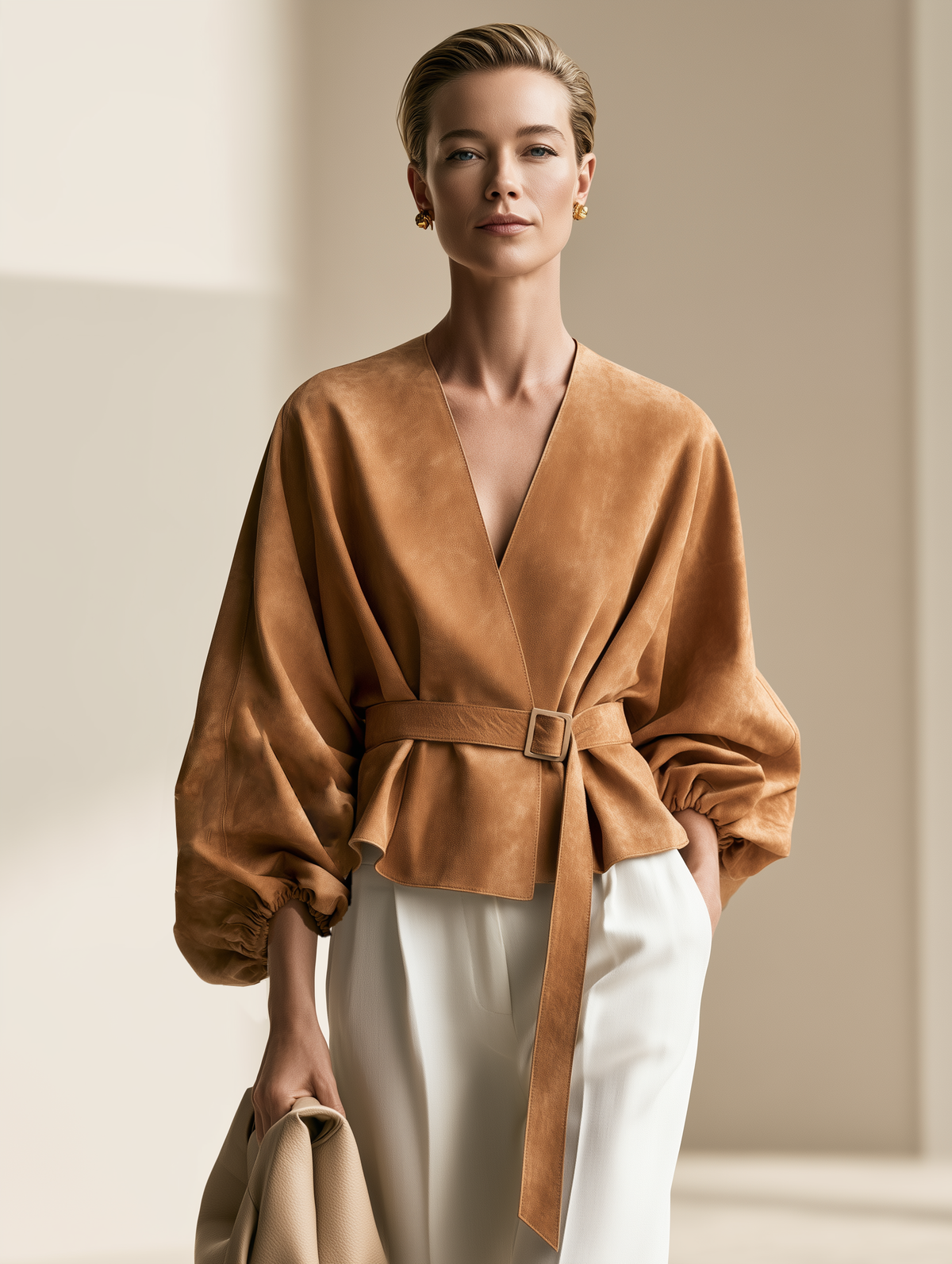 Women's Minimalist Belted Balloon Sleeves Short Jacket