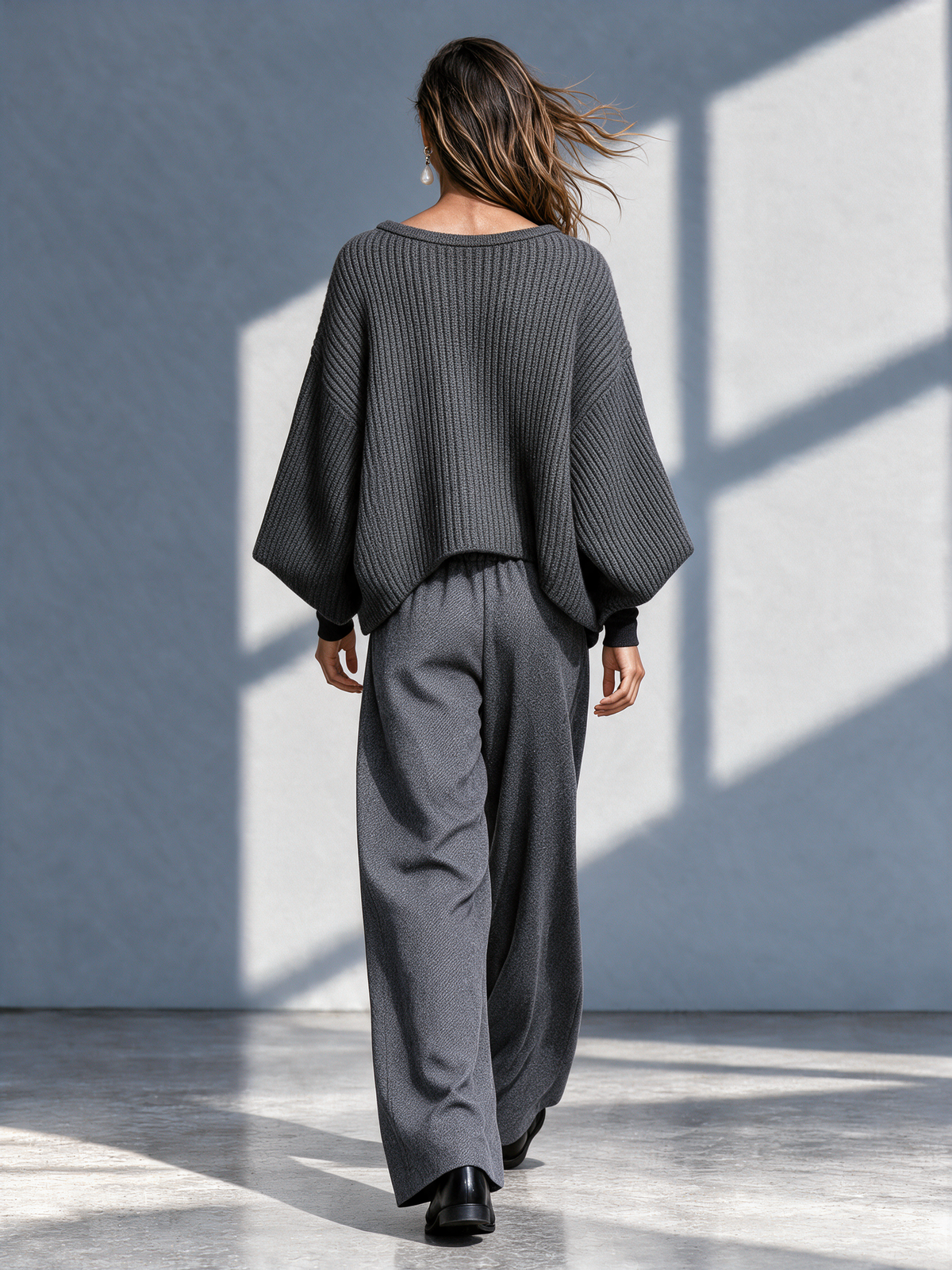 Women's Dark Grey Boat Neck Wide Sleeve Knit Top & Wide Leg Pant Set