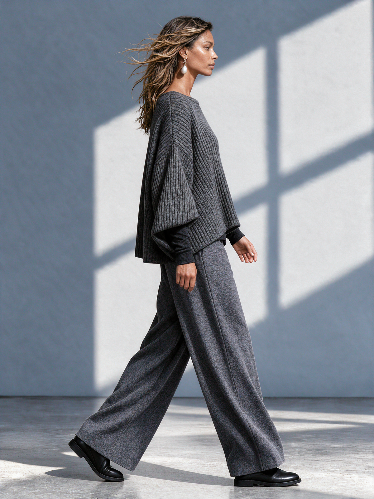 Women's Dark Grey Boat Neck Wide Sleeve Knit Top & Wide Leg Pant Set