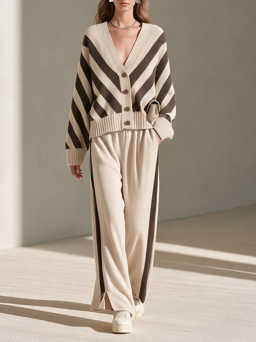 Women's Beige Contrast-Stripe V-Neck Button Cardigan & Side-Stripe Wide-Leg Trouser Set