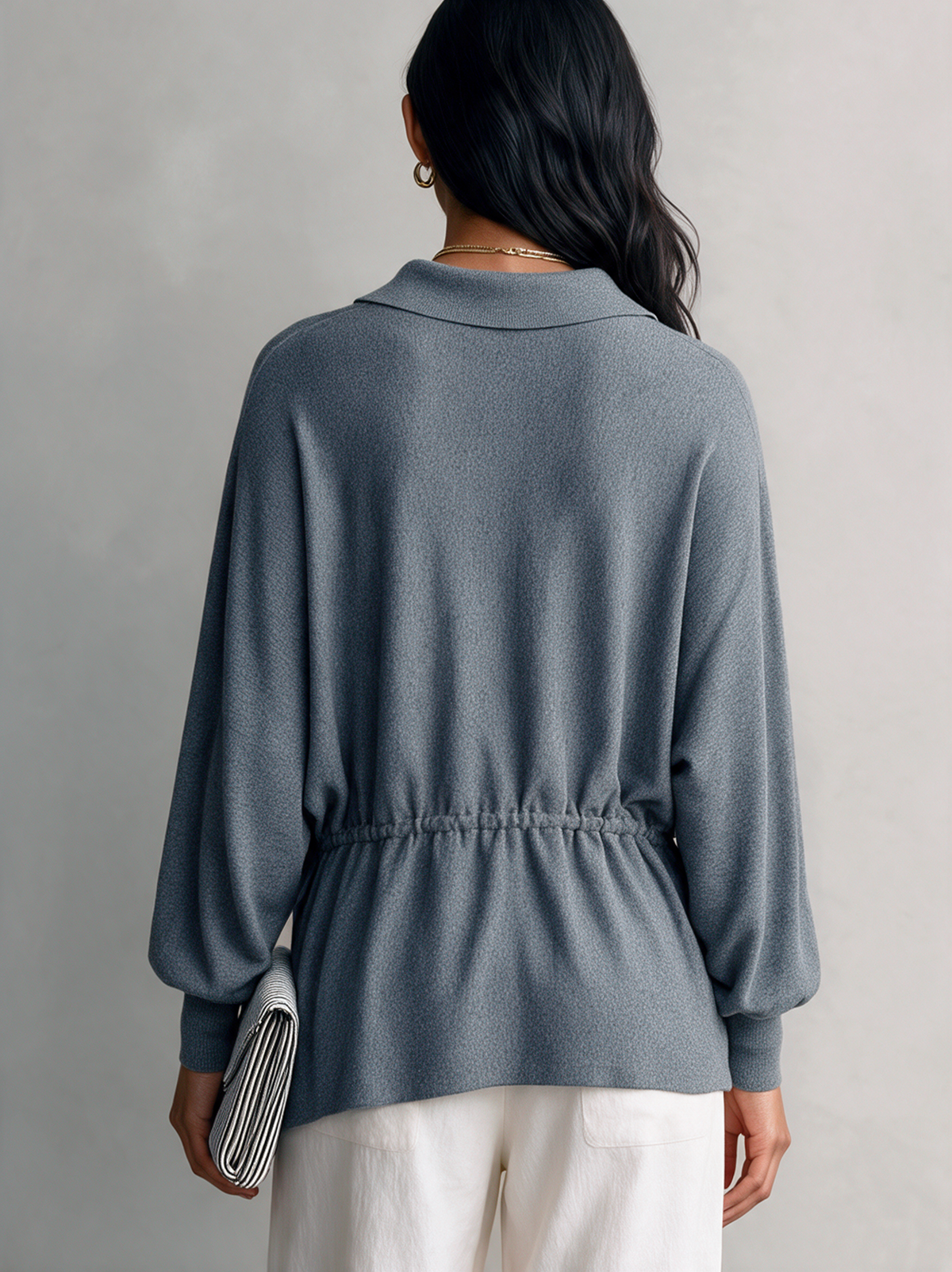 Women's Casual Grey Stretch-Knit Long-Sleeve Top