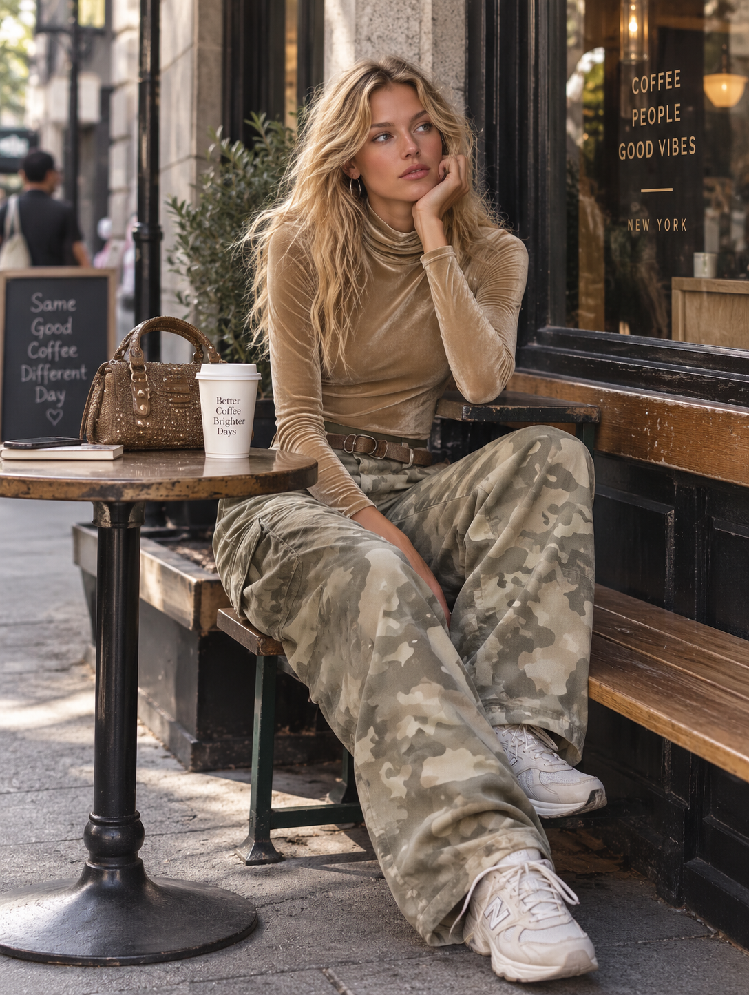 Retro Casual Khaki Top And Camouflage Cargo Pants Velour Set - By Qivii