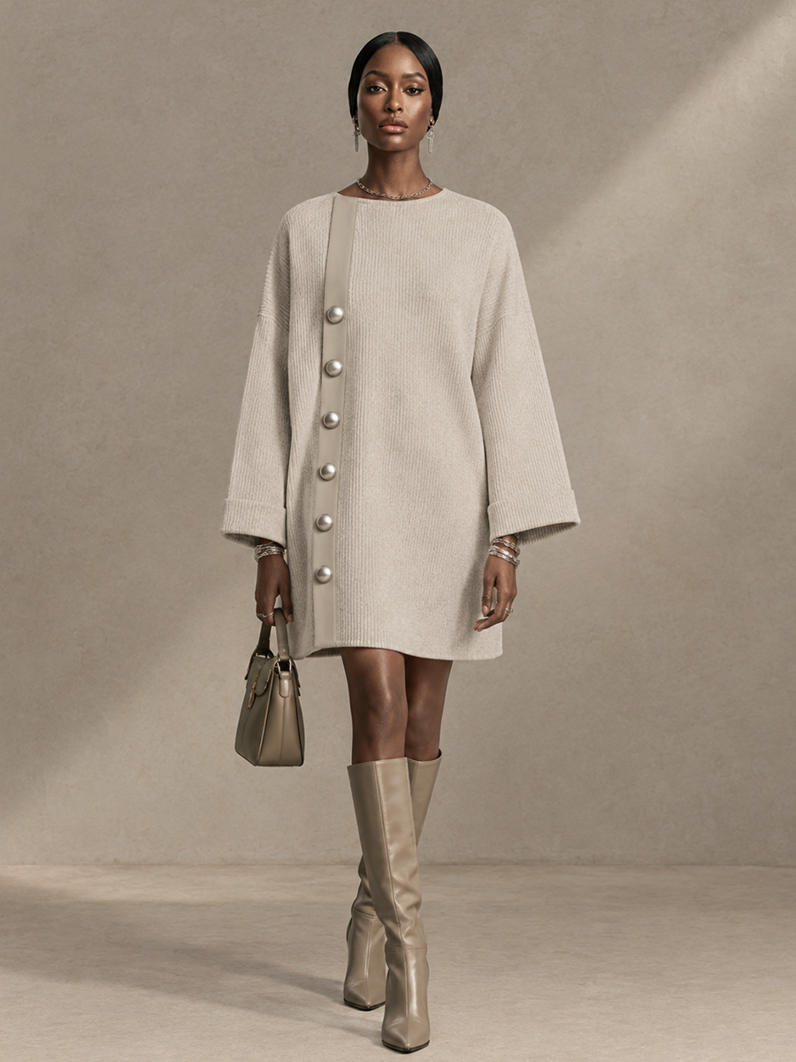 Women's Button Trim Casual Knit Round Neck Mini Dress