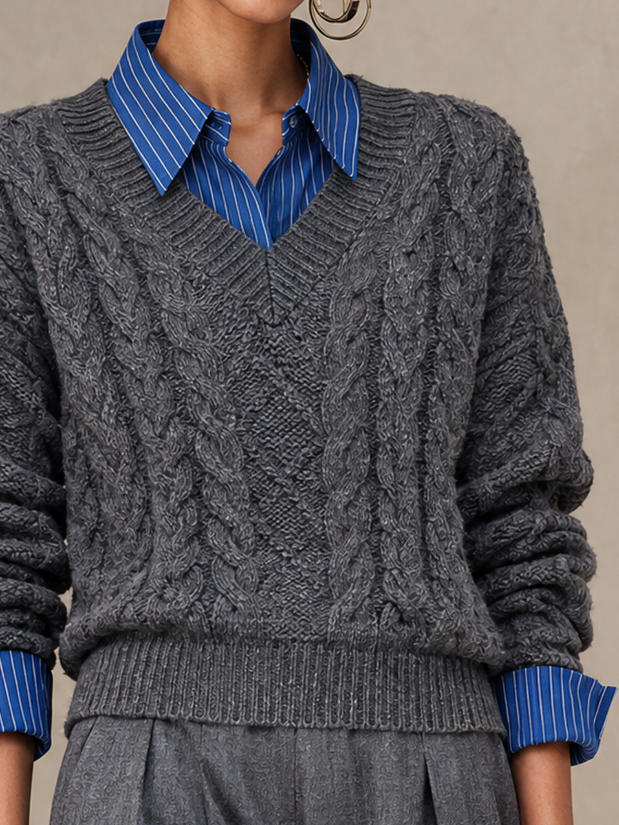 Women's Striped Contrast Minimalist Knit Shirt Collar Sweater