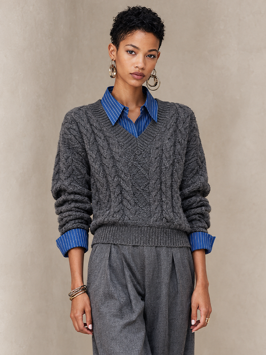Women's Striped Contrast Minimalist Knit Shirt Collar Sweater