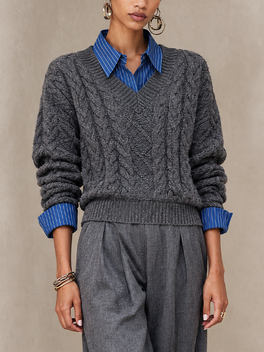 Women's Striped Contrast Minimalist Knit Shirt Collar Sweater