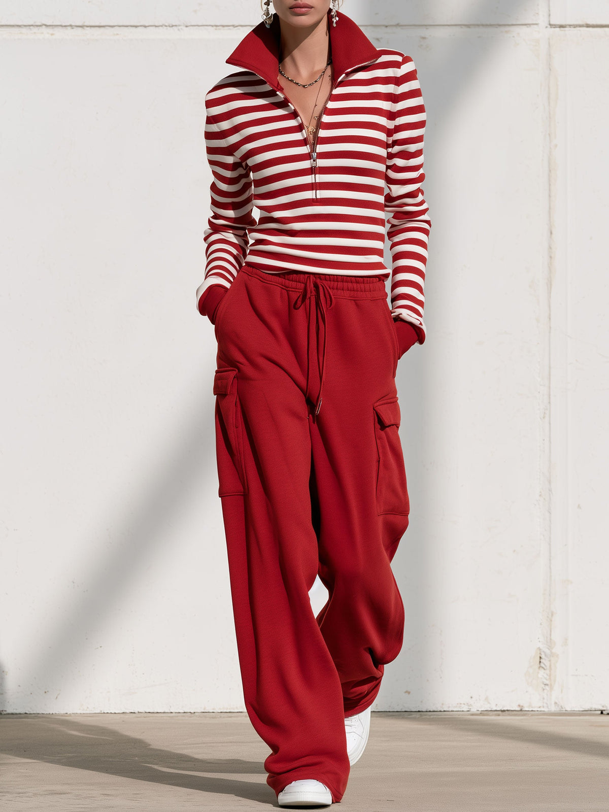 Fashionable Sporty Striped Sweatshirt And Red Cargo Pants Set With Half-zip - By Qivii