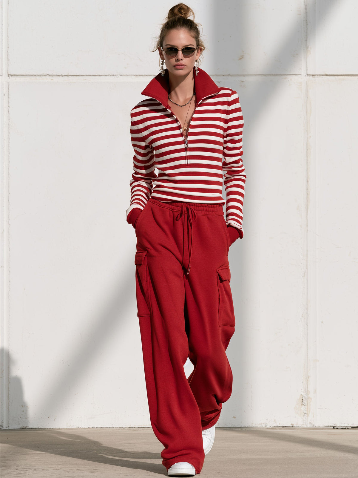 Fashionable Sporty Striped Sweatshirt And Red Cargo Pants Set With Half-zip - By Qivii