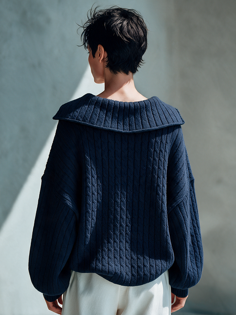 Women's Cable-Knit Top With Oversized Collar And Lace Inset MDZ1425I9ZRK