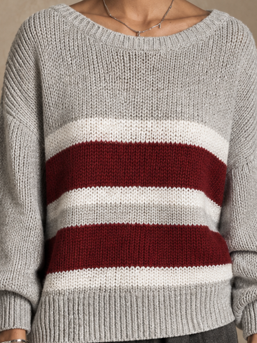 Women's Contrast Stripe Casual Round Neck Pullover Sweater