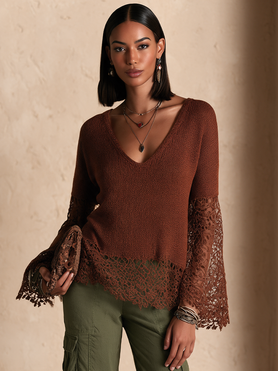 Women's Lace Panel Bohemian Bell Sleeve Sweater