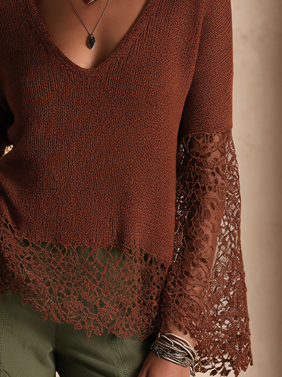 Women's Lace Panel Bohemian Bell Sleeve Sweater