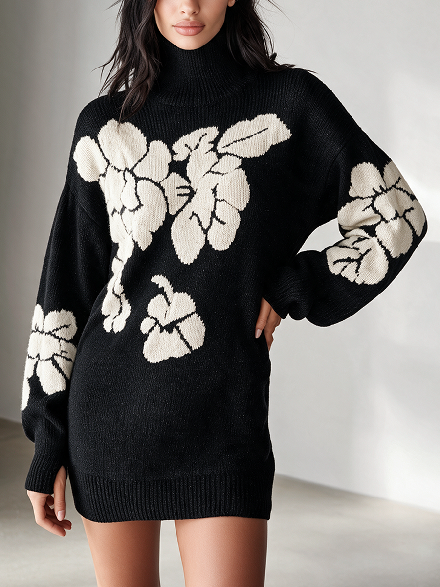 Women's Vintage-Style Oversized Floral High-Neck Knit Mini Dress